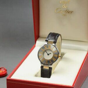 Near Mint Cartier Black Strap Ladies Gold Watch with Box + Hang Tag!!